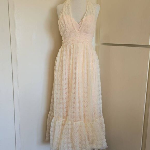 Mable Ivory over Peach Rose Tulle Maxi Dress, Halter Neck, Inset Waist with shou - Picture 3 of 11